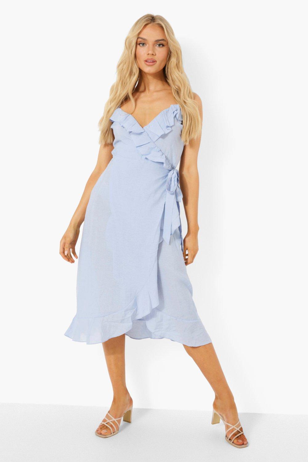 Strappy Ruffle Wrap Midi Dress